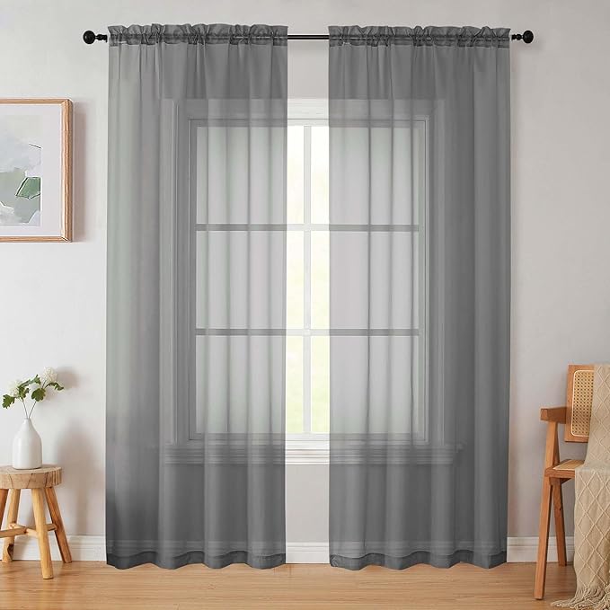 Grey Sheer Curtains 84 Inches Long 2 Panels, Soft Airy Light Filtering Curtains for Bedroom Living Room, Rod Pocket Privacy Drapes Window Treatments, Grey, Total Wide 84 Inch
