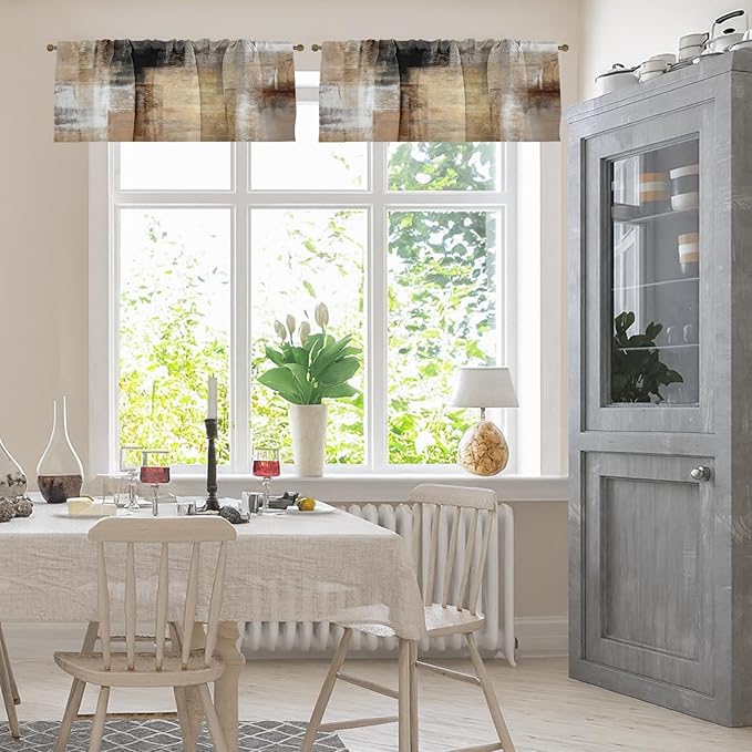 Emvency 4 Pack Valances Window Treatments, Brown Abstract Modern Art Blackout Drapes Adjustable Curtain for Windows Living Room Kitchen Over Sink, 52x18 Inch Rod Pocket Valances