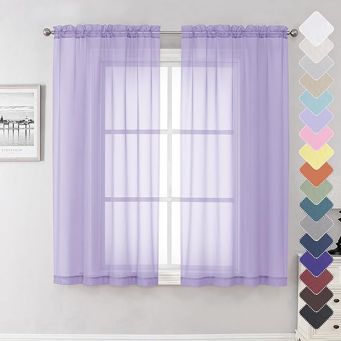 Lecloud Light Filtering Lavender Sheer Curtains 63 Inch Length 2 Panels, Solid Kitchen/Living Room/Bedroom Voile Light Purple Curtain, Dual Rod Pockets Window Short Gauzy Drapes, 40x63 Inches