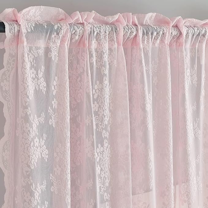 YJ YANJUN Vintage Lace Curtains 90 Inches Long-Victorian Floral Pattern Light Pink Sheer Curtain Panels for Baby Girls Room Feminine Flowy Cute Girly Classroom Princess Decor 2 Panels 52W x 90L