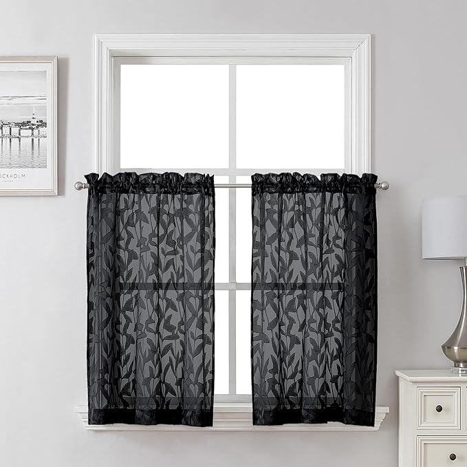 Lecloud Leia Black Sheer Kitchen Curtains 30 Inch Length 2 Pcs, Leaf Textured Voile Classic Jacquard Tiers, Dual Rod Pocket Window Treatments for Bedroom Living Room, Each Panel 28" W x 30" L