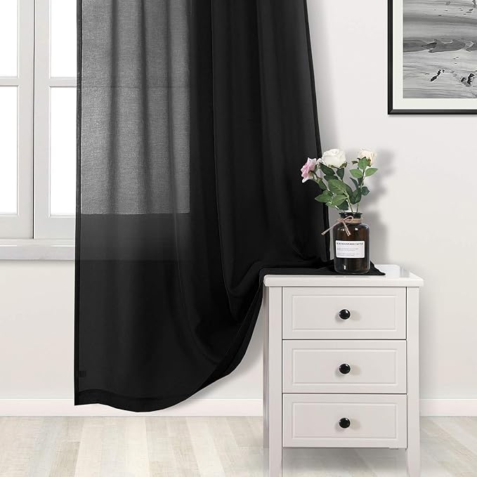 DWCN Sheer Curtains Semi Transparent Voile Rod Pocket Curtains for Bedroom and Living Room, Black, 42 x 36 inches Long, Set of 2 Panels