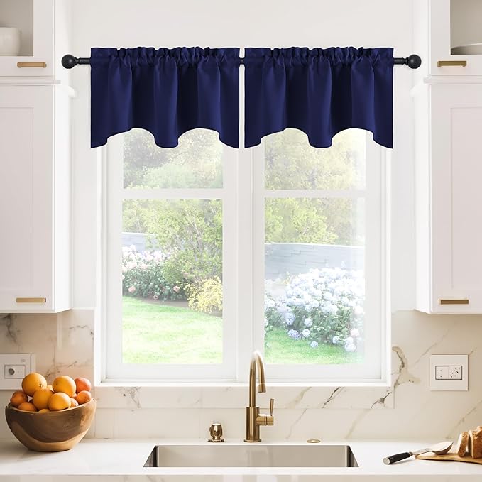NICETOWN 2 Panels Window Valances Farmhouse Design Window Treatment Thermal Insulated Room Darkening Curtain Valances Rod Pocket for Kitchen/Living Room, 42 x 18 inch Long, Navy Blue