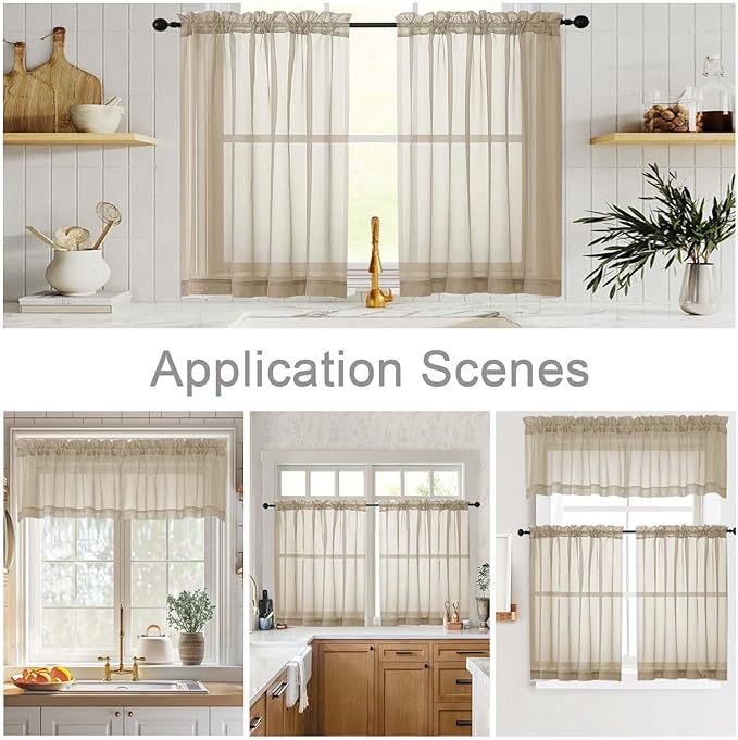 Kitchen Curtains 24 Inch Length Tier 2 Pieces, Taupe Sheer Curtain Solid Soft Sheer Short Curtains for Windows, Cafe Bathroom Basement Rod Pocket Drapes, Taupe, Each 42" Wx24 L Inches