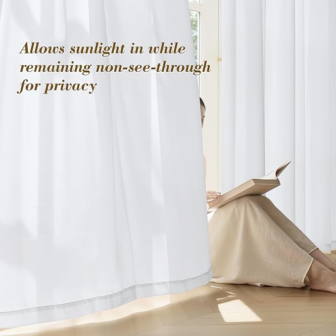 FMFUNCTEX Sheer Non-See-Through White Curtains for Bedroom, Faux Silk that Let Light Curtains 63 inches Long Light Filtering Privacy Sheer Window Drapes for Living Room, Rod Pocket 2 Panels Set