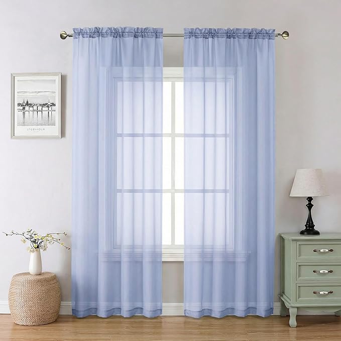 Lecloud Denim Blue Sheer Curtains 84 Inches Long 2 Panels, Light Filtering Bedroom Curtains with Rod Pocket, Airy Voile Farmhouse Window Drapes for Living Room Dining Room, Each Panel 42" W x 84" L