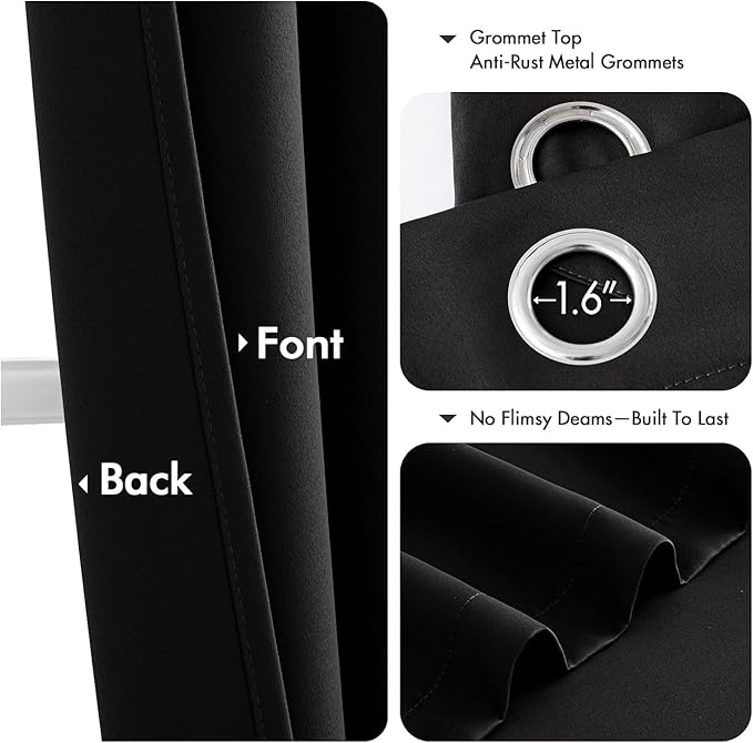 MIULEE Black Blackout Curtains for Bedroom Living Room 63 Inches Long 2 Panels, Thermal Insulated Room Darkening Drapes Solid Grommet Noise Reduction Light Blocking Window Treatments 34x63 Inch