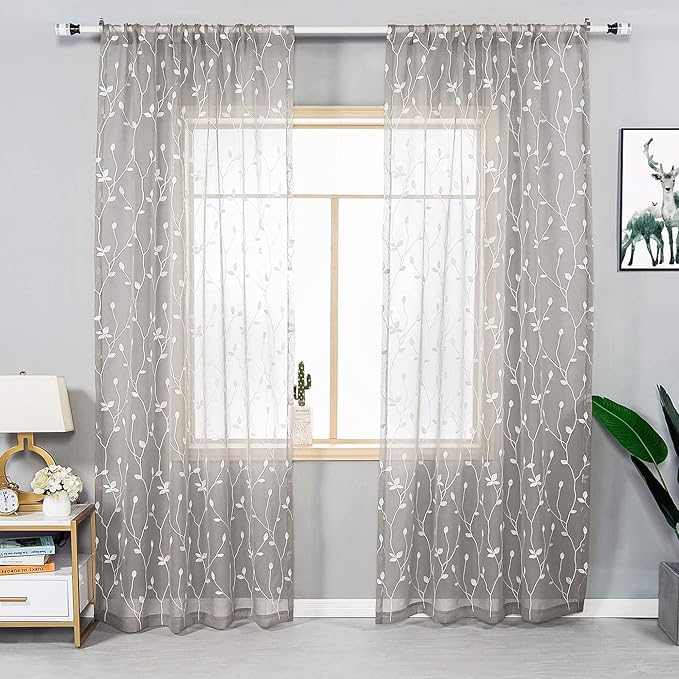 AmHoo 2 Panels Embroidered Leaf Pattern Semi Sheer Curtains Foliage Floral Voile Window Draperies Treatment for Bedroom Living Room Rod Pocket Light Gray 53 x 63 Inch