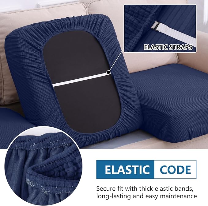 hyha Waterproof Couch Cushion Covers for Pets, Non Slip Sofa Seat Cover for Dogs Washable, Soft Thick Stretch Jacquard Fabric, Sofa Slipcovers with Elastic Bottom (1 Chaise+3 Seater, Navy)