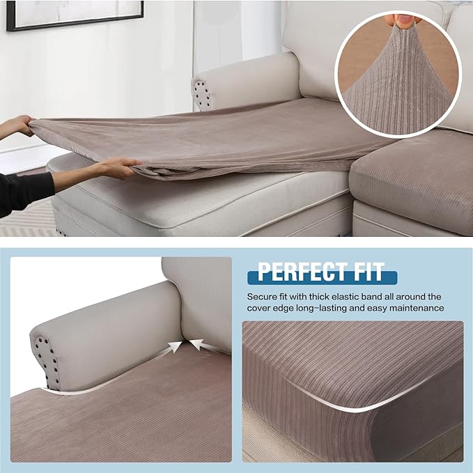 H.VERSAILTEX Velvet Stretch Sectional Sofa Covers - 3 Pieces, L-Shaped Chaise, Taupe Striped