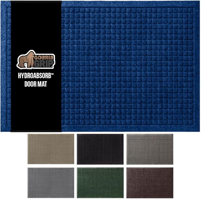 GORILLA GRIP® Ultra Absorbent Front Door Mat Outside Entrance, 35x23, Traps Dirt and Moisture, HydroABSORB Indoor Outdoor Doormat Holds Up to 5.7 Cups Water, Stain and Fade Resistant Welcome Mat, Blue