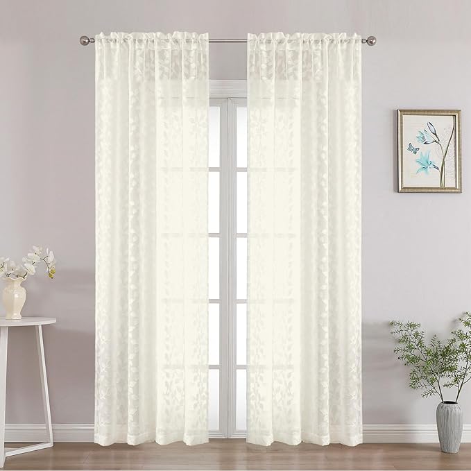 Chyhomenyc Ivory Sheer Curtains 84 Inch Length 2 Panels Set, Light Filtering Tufted Textured Soft Airy Rod Pocket Gentle Leaf Window Treatment Drapes for Bedroom Living Room, 42" Wx84 L, 2PCS