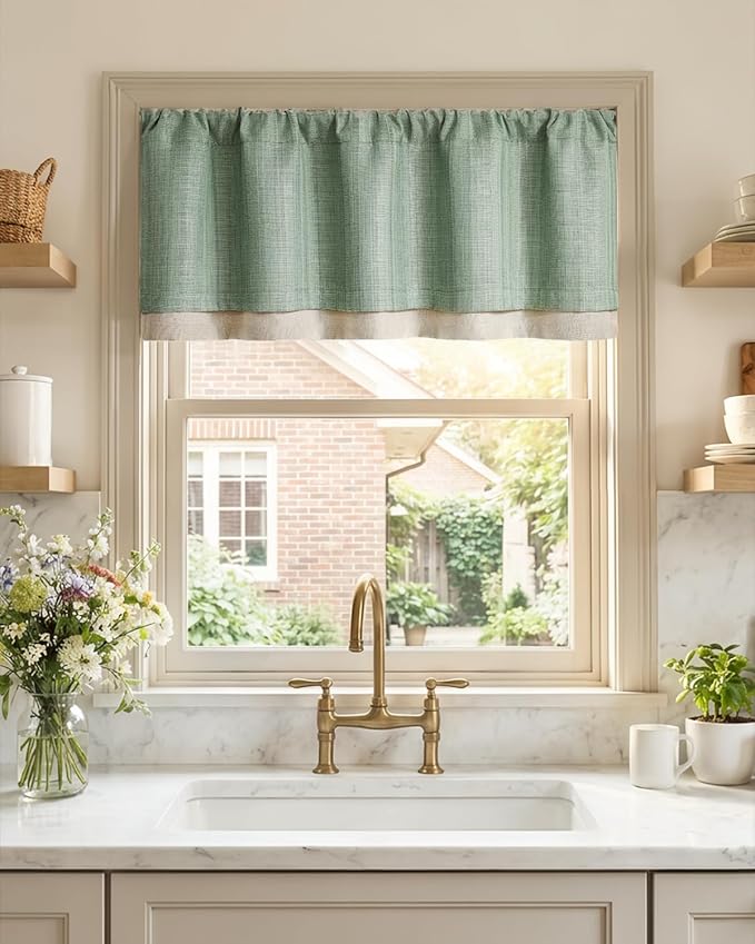 jinchan Curtain Light Filtering Kitchen for Living Room Bedroom Small Windows Valance 18 Inch Double Layer Farmhouse Window Rustic Overlay Rod Pocket 1 Panel Green