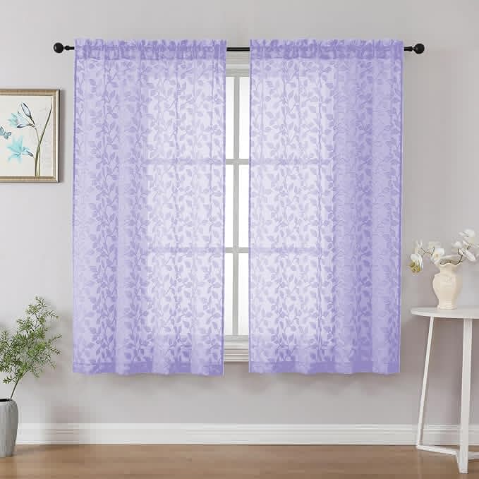 Chyhomenyc Light Purple Sheer Curtains 54 Inch Length for Living Room 2 Panels Set, Light Filtering Tufted Textured Soft Airy Rod Pocket Leaf Window Treatment Drapes for Bedroom, 42" Wx54 L, 2PCS