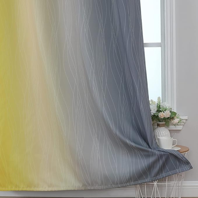 Ombre Gray and Yellow Blackout Curtains 45 Inch Length 2 panels, Full Room Darkening Curtains for Kids Room, Grommet Thermal Insulated Gradient Drapes, Light Blocking Curtains for Bedroom, 42x45 Inch