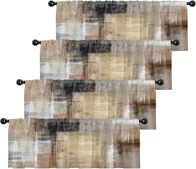 Emvency 4 Pack Valances Window Treatments, Brown Abstract Modern Art Blackout Adjustable for Living Room Bathroom Bedroom Kitchen Over Sink, 52x12 Inch Rod Pocket Valances