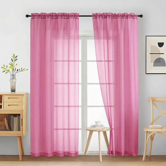 Sheer Curtains 84 Inches Long 2 Panels, Elegant Airy Transparent Light Filtering Window Curtains, Window Drapes for Living Room Bedroom, Top Dual Rod Pocket Design, Hot Pink, 2x42Wx84L Inches