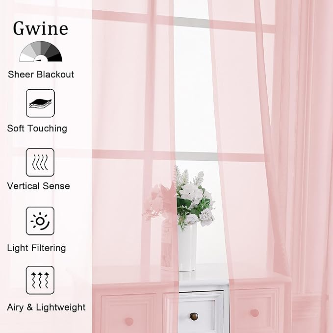 Gwine Blush Pink Sheer Curtains 84 Inches Long 2 Panels Set for Living Room, Rod Pocket Voile Bedroom Curtains, Light Filtering Solid Window Sheer Panels, Each 42" Wx84 L