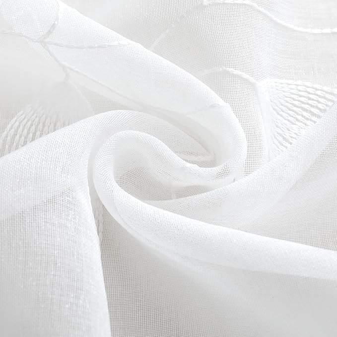 HOMEIDEAS White Sheer Kitchen Curtains 30 X 24 Inch Length 2 Panels Embroidered Leaf Pattern Short Curtains for Small Window Valance Tiers