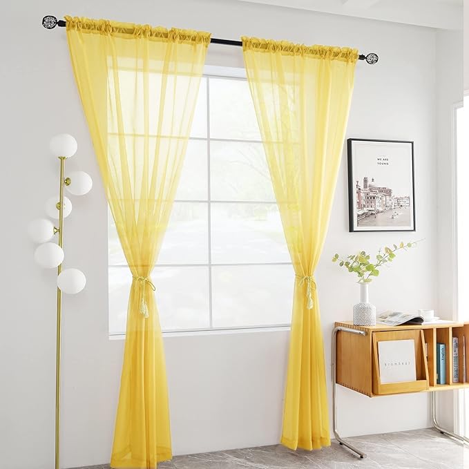 youleyar Solid Sheer Rod Pocket Curtain Voile Draperies 2 Panels White Beige Black Grey Coffee 52 Inch Width 108 Inch Long 1 Pair for Kitchen Bedroom Children Living Room Yard (Yellow,52Wｘ108L)