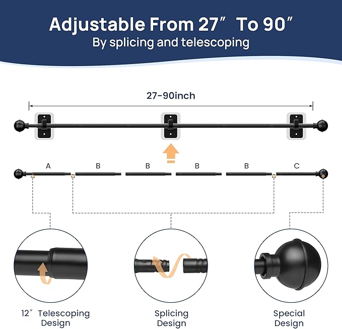 ENJOYBASICS No Drill Curtain Rods for Window 48 to 84 Inches, 5/8 Inch Diameter Renter Friendly Drapery Rod with Adhesive Brackets without Drilling, Adjustable from 27 to 90 Inches, Black