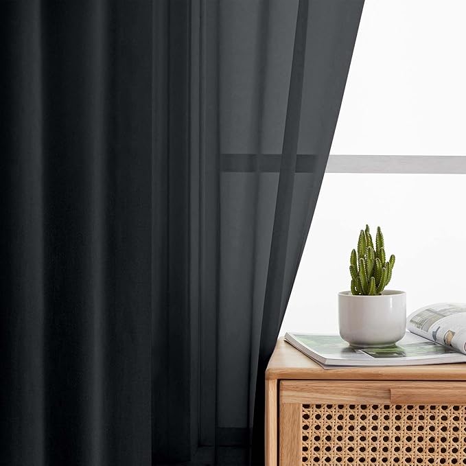 Black Valances for Windows, Black Sheer Curtains 14 Inch Length 2 Pack Kitchen Drapes, Modern Solid Mini Small Window Curtains for Cafe Bathroom Basement, Each 42" Wx14 L Inches