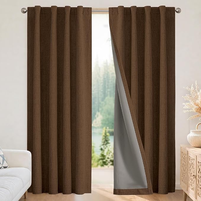 Joydeco Blackout Curtains for Bedroom - 100% Light Blocking 2 Panels Cappuccino Drapes 37" W x 63" L, Thermal Insulated Room Darkening Curtains, Linen Textured for Living Room, Rod Pocket & Back Tabs
