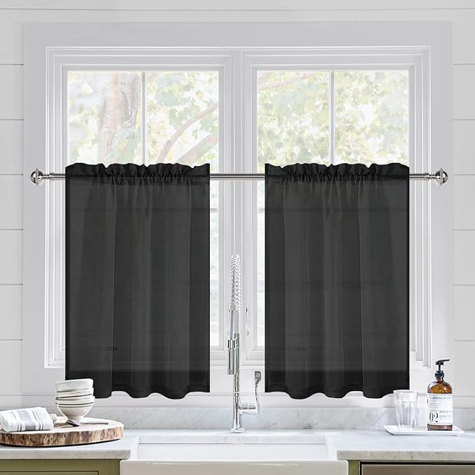 DWCN Black Sheer Curtains for Kitchen Windows - Rod Pocket Semi Transparent Voile Tier Curtains for Bedroom, Living Room, Farmhouse, 36 x 36 inches Long, Set of 2 Panels