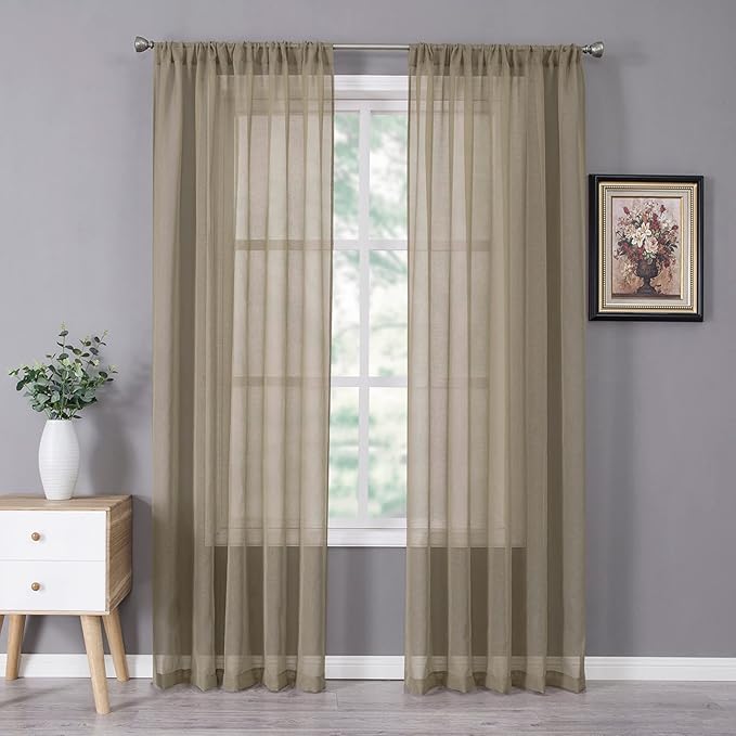 Tollpiz Sheer Curtain Linen Textured Living Room Curtains Sheer Light Filtering Rod Pocket Voile Curtain for Bedroom, 54 x 72 inches Long, Taos Taupe, Set of 2 Panels