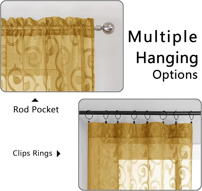 OWENIE Furman Gold Sheer Curtains 96 inches Extra Long for Bedroom Living Room 2 Panels Set, Light Filtering Soft Solid Semi Sheer Farmhouse Jacquard Curtains, Top Dual Rod Pocket Design, 40Wx96L inch