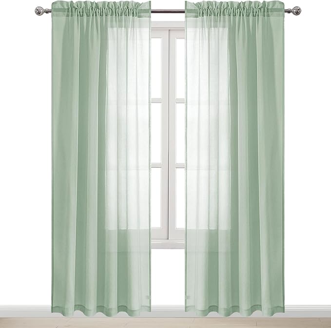 DWCN Bean Green Sheer Curtains Semi Transparent Voile Rod Pocket Curtains for Bedroom and Living Room, 52 x 84 inches Long, Set of 2 Panels