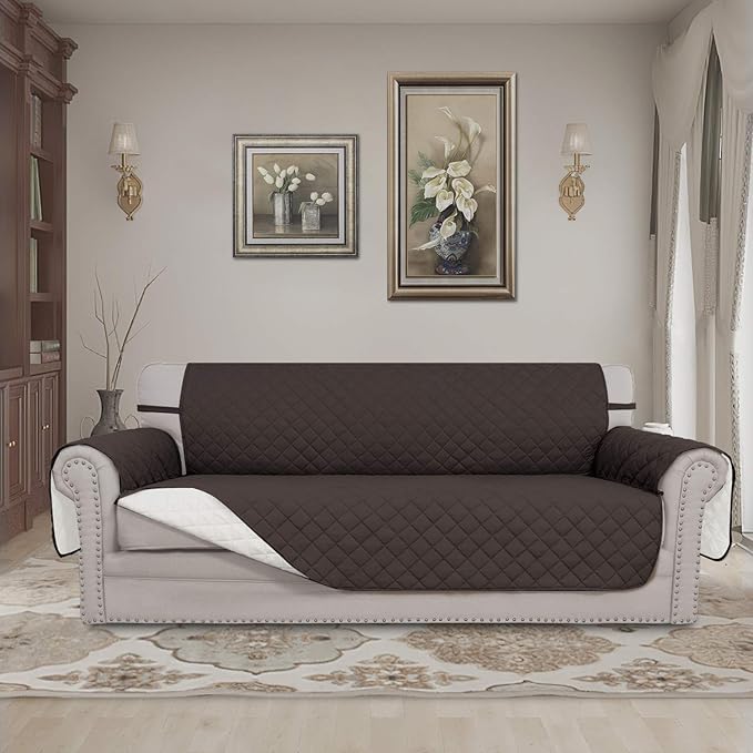 Easy-Going Reversible Couch Cover for 3 Cushion Couch Sofa Cover for Dogs Water Resistant Furniture Protector Cover with Foam Sticks Elastic Straps for Pet Cat (Sofa, Chocolate/Ivory)