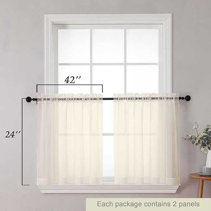 Kitchen Curtains 24 Inch Length Tier 2 Pieces, Cream Sheer Curtain Solid Soft Sheer Short Curtains for Windows, Cafe Bathroom Basement Rod Pocket Drapes, Cream, Each 42" Wx24 L Inches