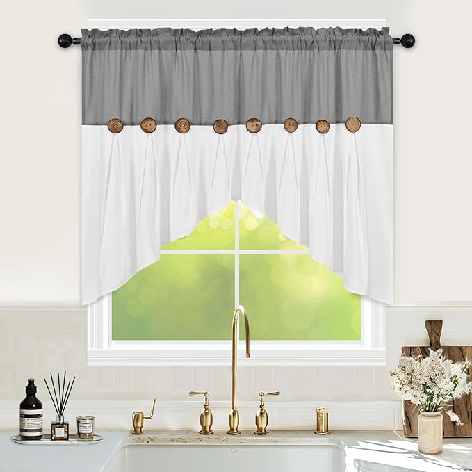 FRAMICS Farmhouse Swag Curtain, Boho Cotton Linen Valance Curtain, Grey Rustic Button Window Valance for Kitchen Bathroom Bedroom, Country Rod Pocket Valances for Windows, Grey, 52 x 36 Inch