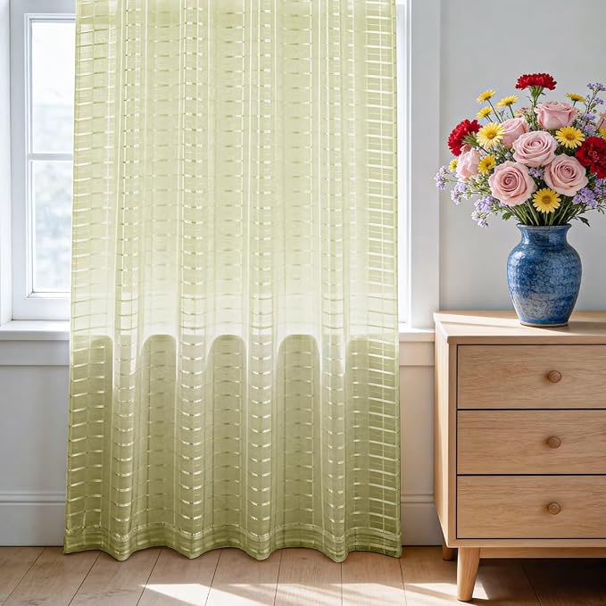 SpaceDresser Check Sheer Curtains 54 Inches 2 Panels Set, Rod Pocket Plaid Window Curtain for Living Room, Sage Green Semi Sheer Drapes for Kitchen Bedroom Children Room Yard（Sage Green, 52W x 54L）