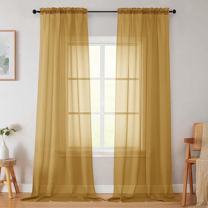 Gold Sheer Curtains for Bedroom Living Room 96 Inches Long 2 Panels, Modern Airy Soft Lightweight Rod Pocket Light Filtering Sheer Curtains Drapes, Gold, Each 42" Wx96 L Inch