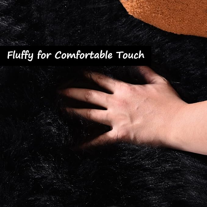 Goolela Black Fluffy Faux Fur Rug 2x3 Black Fuzzy Furry Sheepskin Rug Small Carpet for Bedroom Dorm Bathroom Washable Rectangle