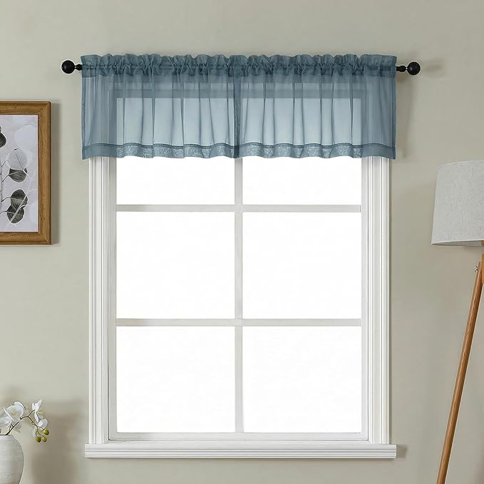 Gwine Small Valances for Windows - Light Filtering Short Window Curtain Valance, Soft Topper Treatment Sheer Curtain for Bathroom Laundry Basement, Each 42Wx14L inch, 2 Panels, Dusty Blue