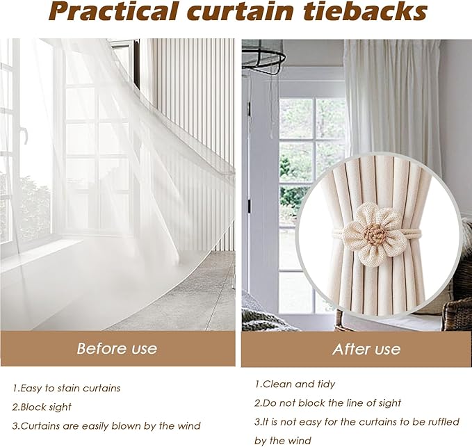 SRG 4pcs Handmade Pearl Curtain Tiebacks Boho Flower Curtain Holdbacks with Buckle Pins Simple Elegant Sunflower Rope Curtain Boho Bedroom Decor（Large Cream&Khaki）
