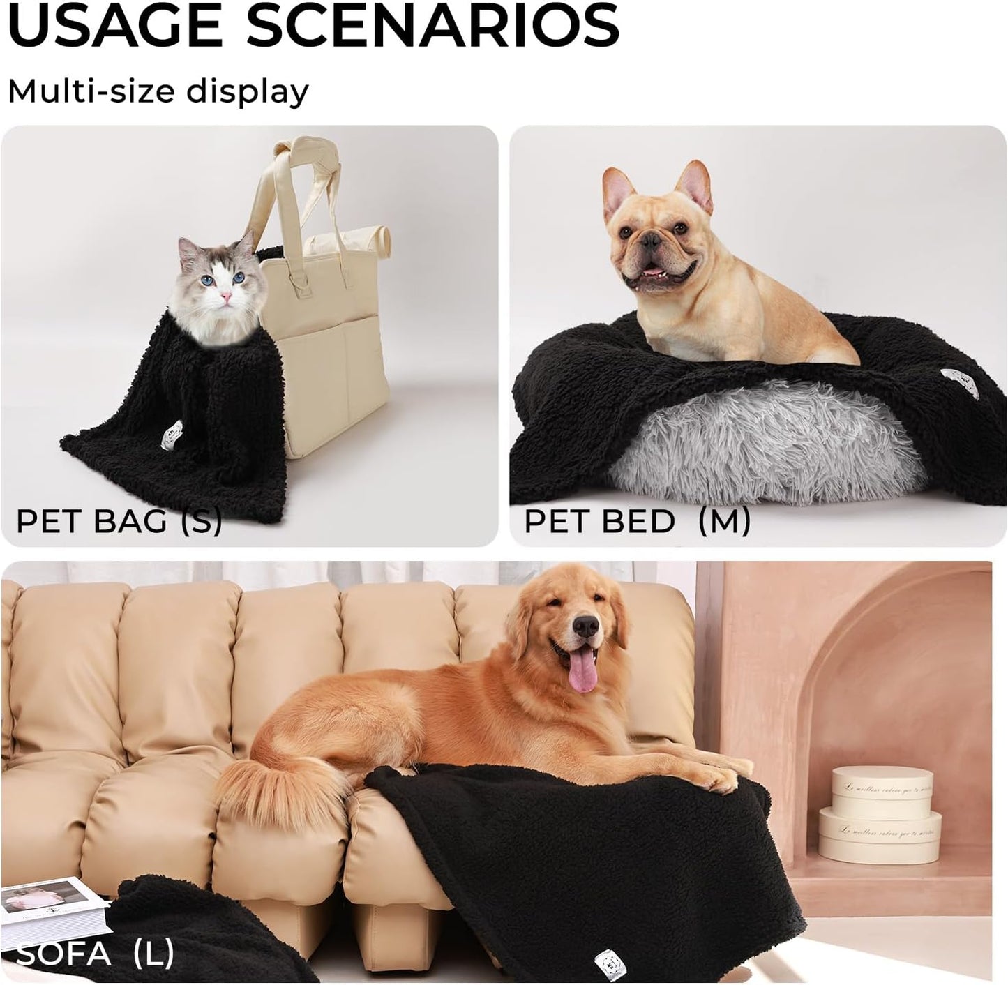 1 Pack 3 Calming Blankets Fluffy Premium Fleece Pet Blanket Soft Sherpa Throw for Dog Puppy Cat Black Medium (30“x20'')