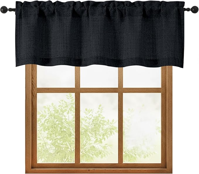OWENIE Black Valances for Windows 1 Pcs, Light Filtering Textured Farmhouse Short Small Valance Curtains for Bathroom Basement Living Room Bedroom, Rod Pocket Half Curtains Over Sink, 52" Wx16 L