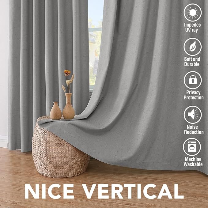 H.VERSAILTEX Linen Blackout Curtains 108 Inches Long 100% Blackout Thermal Insulated Textured Linen Look Curtain Draperies Anti-Rust Grommet, Energy Saving with White Liner, 2 Panels, Dove Gray