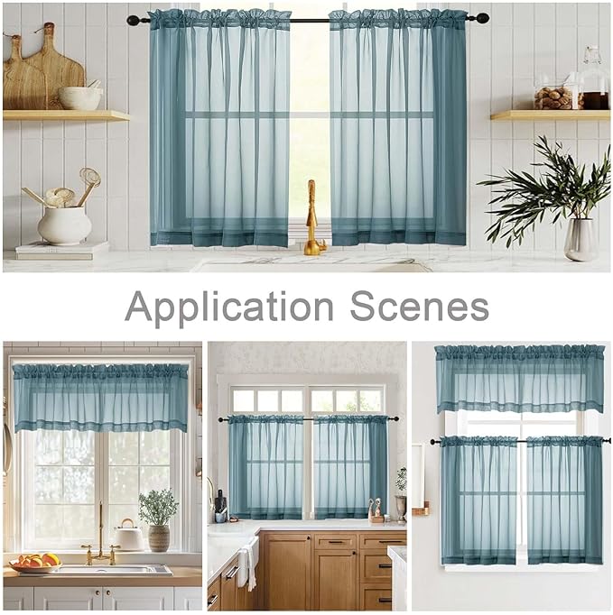 Dusty Blue Valances for Windows, Sheer Curtains 14 Inch Length 2 Pack Kitchen Curtain, Modern Solid Mini Small Window Curtains for Cafe Bathroom Basement, Dusty Blue, 42" Wx14 L Inch