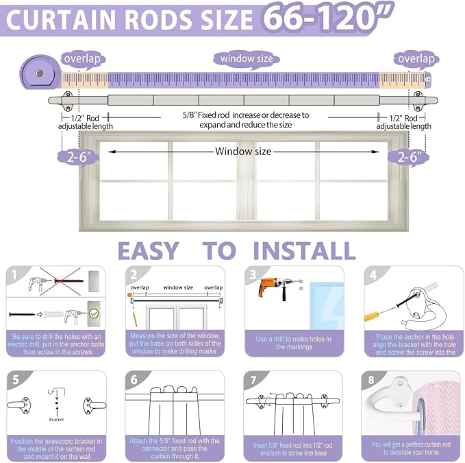 TVWOO Wrap Around Curtain Rods,White Curtain Rods 66 to 120 Inch,5/8 Inch Adjustable Blackout Curtain Rod with Brackets,Room Darkening Single Window Rod,Metal Hidden Curved Drapery Rods 66-120",White