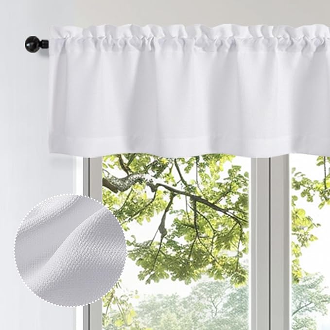 OWENIE Bob 1 PCS White Valances for Windows, Faux Linen Textured Kitchen Window Curtains Valance for Bedroom Living Room, Modern Soft Airy Solid Rod Pocket Bathroom Cafe Curtain, 60Wx14L Inch