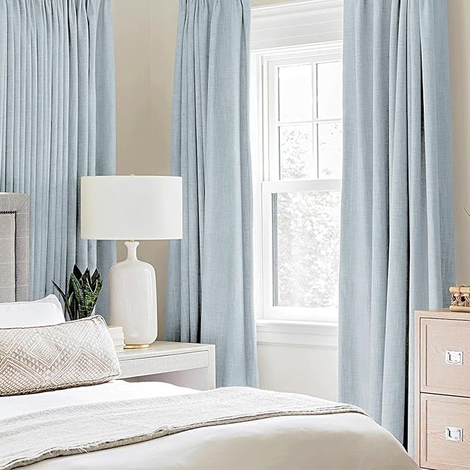 MIULEE Linen Textured Curtains for Bedroom Solid 100% Blackout Thermal Insulated Chambray Blue Grommet Room Darkening Curtains & Drapes Luxury Decor for Living Room Nursery 52 x 63 Inch (2 Panels)