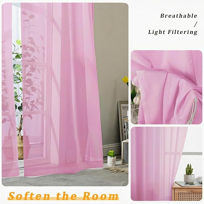 Gwine Sheer Curtains for Living Room 45 inch Length - Light Filtering Voile Window Curtain Panels for Bedroom, Soft Rod Pocket Sheer Curtain Drapes, Each 42Wx45L, 2 Panels, Pink