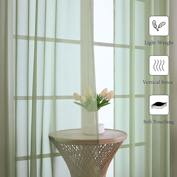 Lecloud Sage Green Sheer Curtains 90 Inches Long 2 Panels, Light Filtering Airy Voile Curtain Drapes, Dual Rod Pocket Extra Wide Elegant Window Treatments for Living Room Bedroom, 59" W x 90" L
