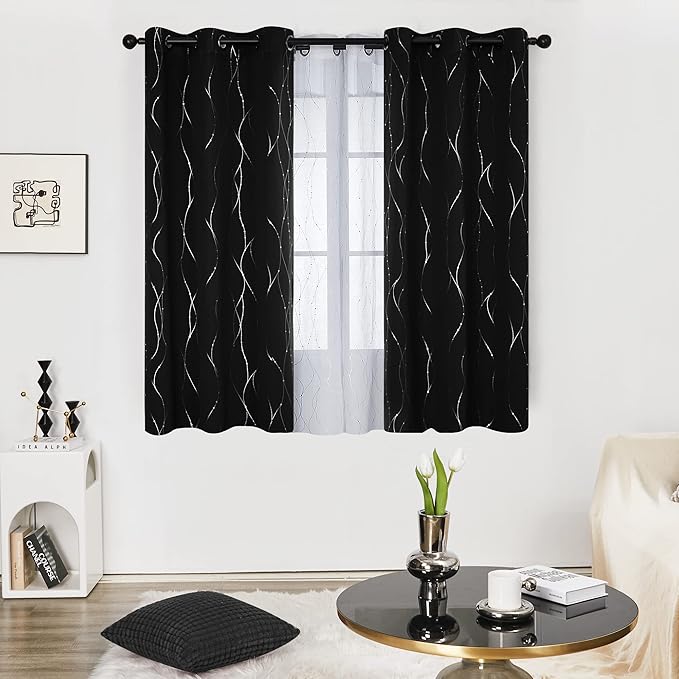 Deconovo Short Blackout Curtains, Black Drapes, Thermal Insulated Soundproof Grommet Curtain, Wave Line Dot Foil Print, 52 x 54 Inch, 2 Panels, Machine Washable Window Panel for Small Windows Kitchen