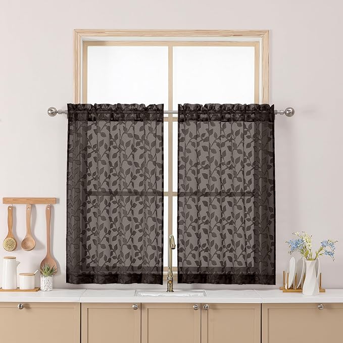 Chyhomenyc Chocolate Sheer Curtains 36 Inch Length, Light Filtering Leaf Tufted Textured Small Window Kitchen Curtain Over Sink, Short Half Window Curtains for Bathroom Basement, 30" Wx36 L, 2 Panels